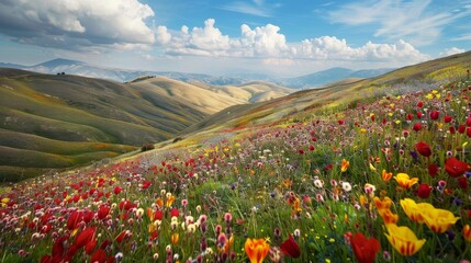 Wall Mural - A meadow on a hilltop, offering a panoramic view filled with waves of multicolored blooms. 