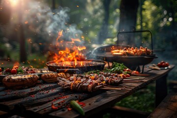 outdoor barbecue with grilled meat and vegetables on a wooden table in a forest setting, showcasing 