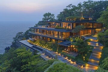 Canvas Print - Luxury cliffside villa with modern design, expansive views, and lush greenery, creating an exclusive and opulent retreat