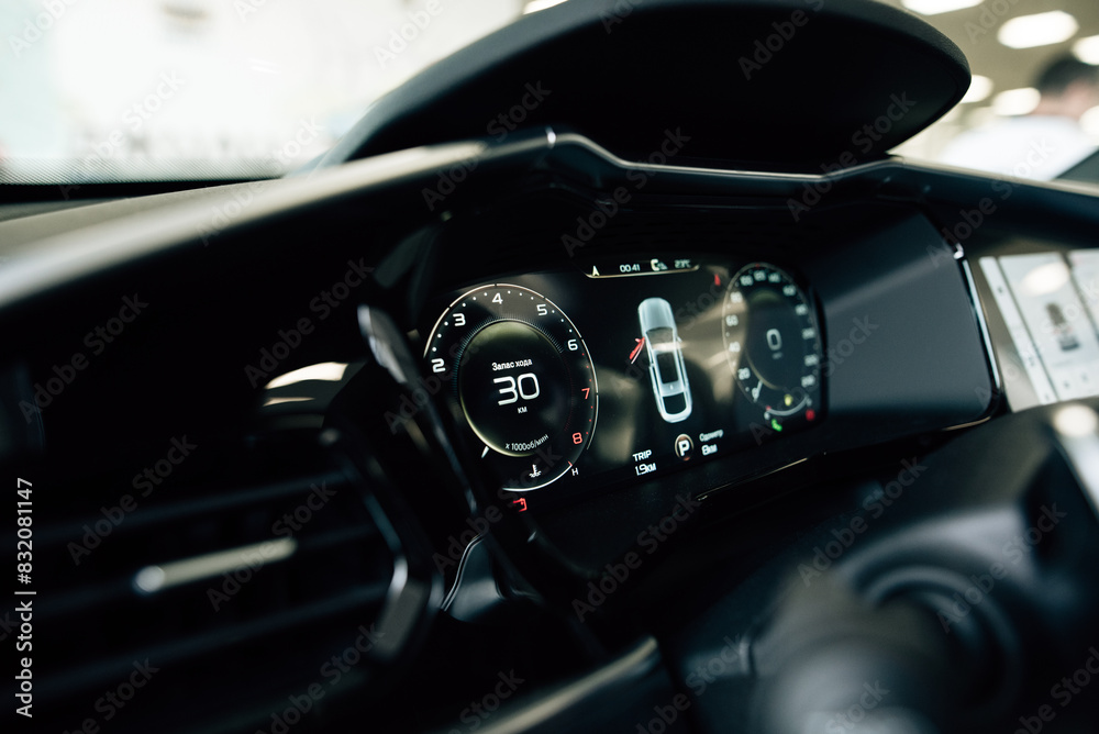 Close up shot of a speedometer in a car. Car dashboard with details ...