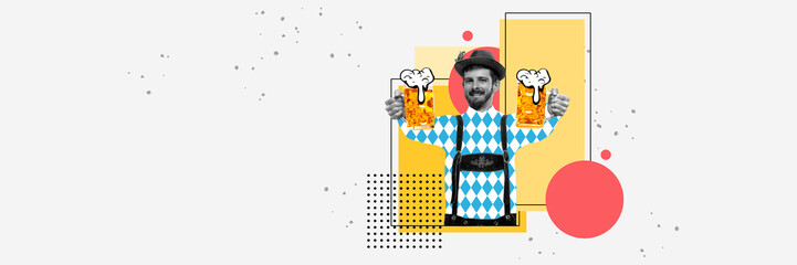 Wall Mural - Happy smiling man serving two mugs with foamy lager beer on abstract colorful background. Contemporary art collage. Concept of Oktoberfest, beer, festival, traditions. Creative design. Banner for ad