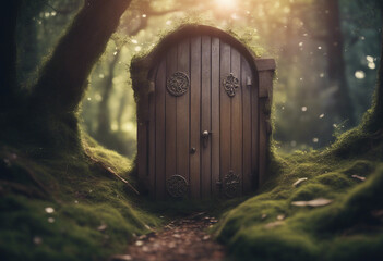 Wall Mural - Fantasy enchanted fairy tale forest with magical opening secret door and mystical shine light outsid