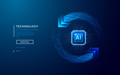 Poster - AI chip and two recycle digital arrows. Abstract digital AI processor in low poly wireframe with neon blue lights effects. Technology background. Artificial Intelligence concept. Vector illustration.