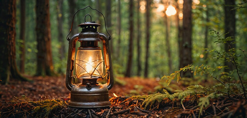 Wall Mural - Kerosene lamp on the background of the forest. 