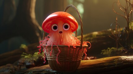 Wall Mural - A cartoon jellyfish with large eyes is sitting in a basket underwater.

