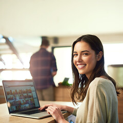 Wall Mural - Portrait, laptop screen and happy woman typing in kitchen for recipe, guide or online tutorial. Vegan blog, search internet and person with computer for nutrition, healthy meal or information in home