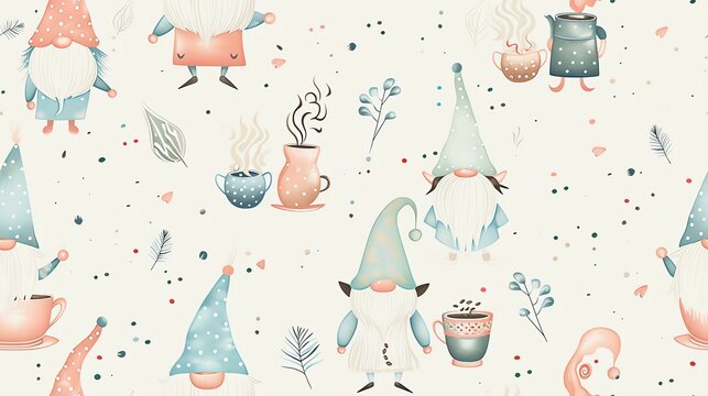 Hand-drawn pastel-colored seamless pattern of gnomes making coffee, with steam and beans, creating a warm and inviting look