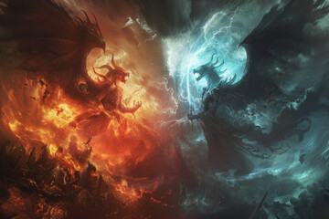 Wall Mural - Epic battle between fire demon and ice angel in fantasy artwork
