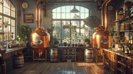 The interior of a distillery with copper stills and barrels.