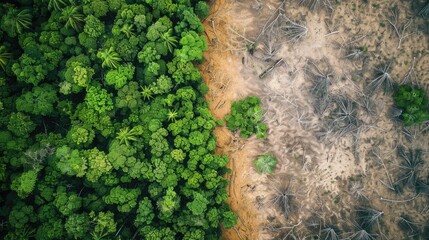 Aerial view of deforestation in a tropical rainforest with patches of bare land and remaining trees, highlighting the impact of climate change on forests