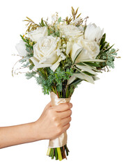 Wall Mural - PNG white roses, bridal bouquet, held by hand, collage element