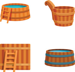 Collection of colorful cartoonstyle illustrations featuring wooden sauna essentials