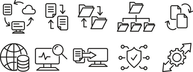 Wall Mural - set of line icons related to data exchange, traffic, files, cloud, servers. outline icon set. set th