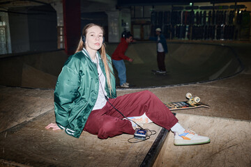 Young female skateboard rider relaxing on floor in skatepark sitting on floor and listening to music in headphones, flash photo