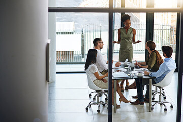 Aufkleber - Business people, strategy meeting and presentation in boardroom for budget and financial logistics. Corporate group, teamwork and company review with speaker for discussion about audit and spending