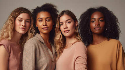 Four young women of various ethnicities posing with a friendly smile Image showcases unity in diversity and friendship