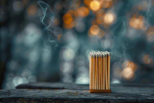 A single box of matches with imaginative elements, a unique background, and advanced themes to evoke a sense of wonder with a blurry backdrop and copy space