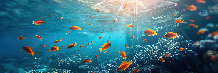 Wall Mural - flock of young small school fish under water background ocean