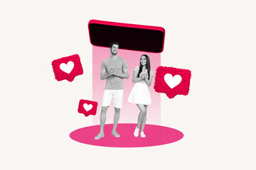 Aufkleber - Composite trend artwork sketch collage of huge smartphone heart shape icon banner feedback notification couple happy man lady blogger date