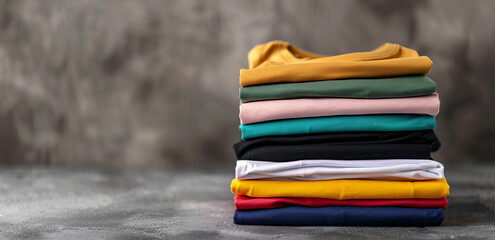 Wall Mural -  tshirts folded on top of each other, gray background, product photography, 