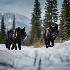 Wall Mural - AI generated illustration of two black wolves stroll on snowy path in front of trees