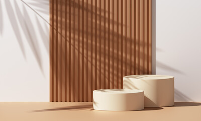 Leinwandbilder - Wood wall product podium 3d display background empty stand wooden platform with abstract shadow light minimal summer backdrop studio or cosmetic advertising presentation natural beauty art concept.