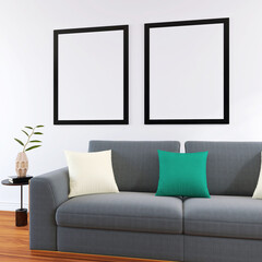 Wall Mural - Living Room Frame Wall Mockup and Beautiful Interior Decor. 3D Render