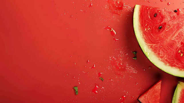 A close-up image of a watermelon cut into slices on a solid red background. The watermelon is ripe and juicy, with a sweet, refreshing flavor.