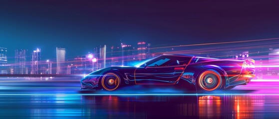 Wall Mural - Show colorful glow HUD icon of a vibrant sports car, set against a dynamic cityscape, in a synth wave style with copy space