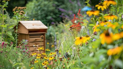 Wall Mural - Hive with bright flowers planted nearby to attract pollen, bees at work. Pollination, honeybee, apiary, nature, beekeeping, agriculture, village, landscape, domestic bees, honey. Generative by AI.