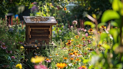 Wall Mural - Hive with bright flowers planted nearby to attract pollen, bees at work. Pollination, honeybee, apiary, nature, beekeeping, agriculture, village, landscape, domestic bees, honey. Generative by AI.