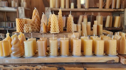 Wall Mural - Close up, handcrafted beeswax candles, intricate patterns, natural honeycomb. Warm tones, texture, eco friendly, sustainable, organic, beekeeping, wax, artisanal, craftsmanship. Generative by AI.