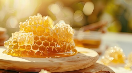 Wall Mural - Close up, golden honey, honeycomb, blurred backdrop of honeycomb. Glare, delicacy, natural product, texture, bees, pollination, pollen, yellow, agriculture. Generative by AI.