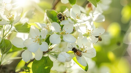 Wall Mural - Honey bees pollinating apple blossoms in an orchard. Honey, bees in wild, pollen, white petals, beauty of nature, insects, close up, beekeeping, agriculture, nature protection. Generative by AI.