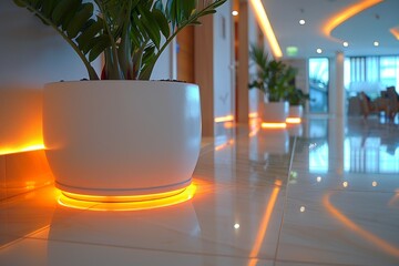 Sticker - Modern interior with ambient lighting and decorative potted plant, creating a cozy and stylish space