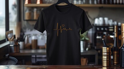A black t-shirt with a simple design of a heartbeat line with a heart at the end. The shirt is displayed on a wooden table in a coffee shop setting.