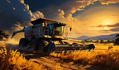 Wall Mural - Combine harvester harvests wheat at sunset