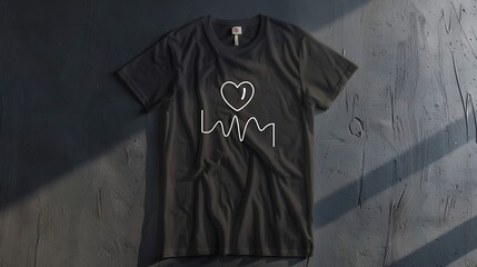 A black t-shirt with a white heart-shaped EKG graphic on the front. The shirt is made of 100% cotton and is soft and comfortable to wear.