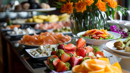 A lavish breakfast spread at a luxury hotel, featuring a variety of foods from a modern resort buffet