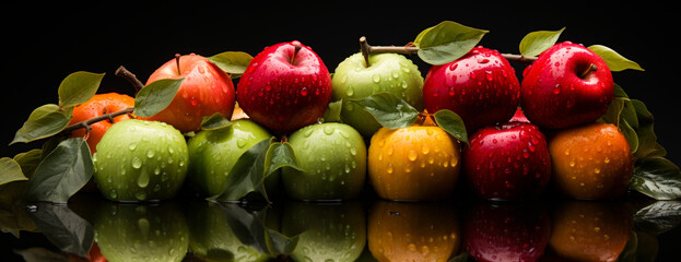 Wall Mural - Apples and oranges on black background