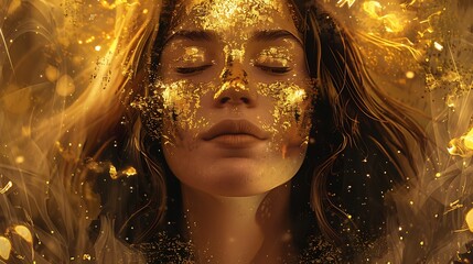 Wall Mural - Portrait of a beautiful woman with golden skin and hair. She is wearing a golden dress and has her eyes closed. The background is a golden color.