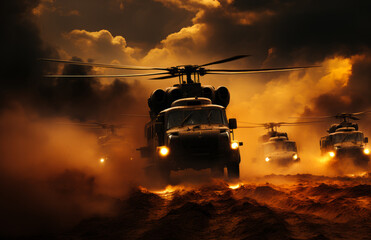 Sticker - Military helicopter and armored vehicles in the desert at sunset