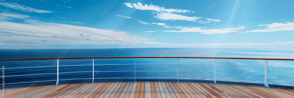 Ocean view with copy space image of a cruise ship deck and railing ...