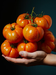 Wall Mural - Woman holds handful of ripe tomatoes in her hands on dark background