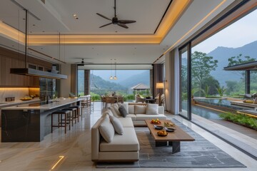 Poster - Modern kitchen with large windows, wooden cabinetry, and natural lighting, creating a stylish and functional space