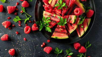 Canvas Print - Grilled watermelon and raspberries with parsley on a black plate viewed from above with space for text