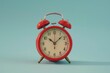 © AIGen - Clock Alarm. Vintage Red Alarm Clock with Twin Bells in Light Blue Background