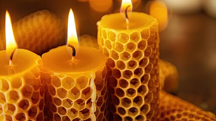 Close up, handcrafted beeswax candles, intricate patterns, natural honeycomb. Warm tones, texture, eco friendly, sustainable, organic, beekeeping, wax, artisanal, craftsmanship. Generative by AI.