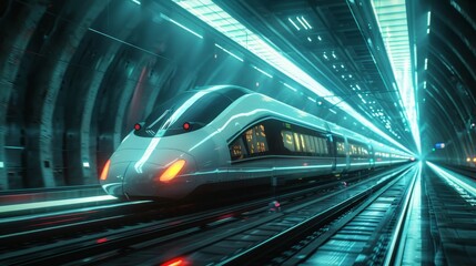 A futuristic, neon-illuminated train station, with sleek, high-speed trains arriving and departing