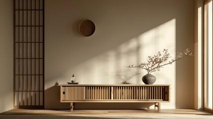 Experience serene Japanese minimalist interior design in a modern living room with a wooden sideboard, wall decor, and soothing ambiance. Ideal for home decor inspiration.